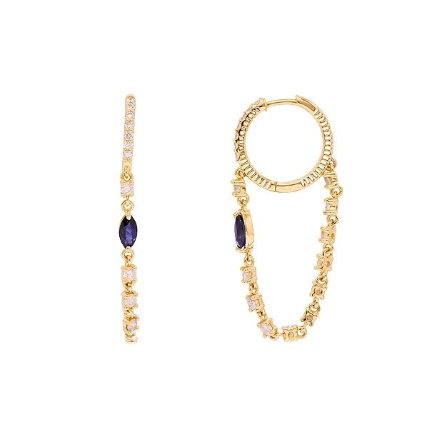 Brinco em Ouro 18k Argola com Pingente Riviera com 36 Diamantes 1.20cts com 2 Safiras 6x3mm 0.57cts
