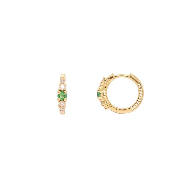 Brinco em Ouro 18k Argola Polida com 2 Esmeraldas 3mm 0.19Cts e 8 Diamantes 0.18Cts