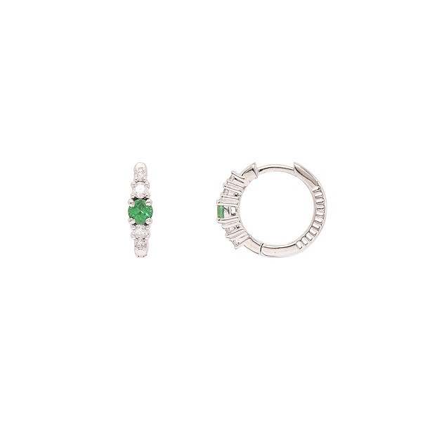 Brinco em Ouro 18k Branco Argola Polida com 2 Esmeraldas 3mm 0.19cts com 8 Diamantes 0.18cts