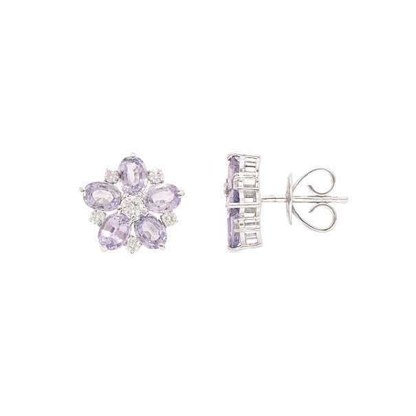 Brinco em Ouro 18k Branco Flor com 10 Safiras 4x3mm 2.11cts com 12 Diamantes 0.24cts