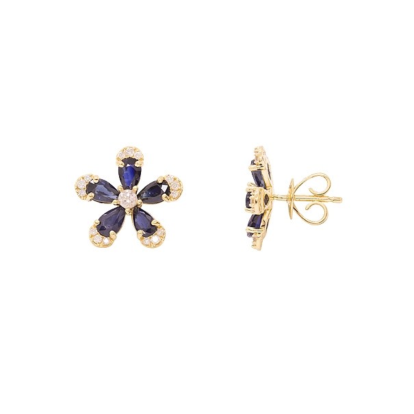 Brinco em Ouro 18k Flor com 10 Safiras Gotas 5x3mm 2.60Cts e 32 Diamantes 0.30Cts
