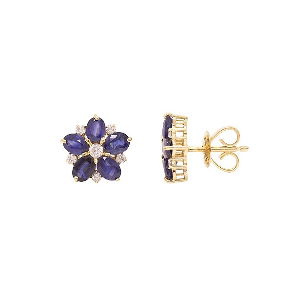 Brinco em Ouro 18k Flor com 10 Safiras 4x3mm 2.39Cts e 12 Diamantes 0.24Cts