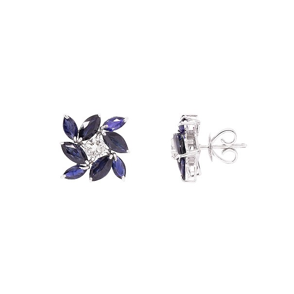 Brinco em Ouro Branco 18k Flor com 16 Rubis Navetes 3.90Cts e 2 Diamantes 0.41Cts 