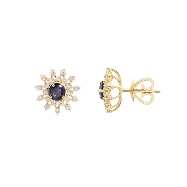 Brinco em Ouro 18k Chuveiro Flor com 2 Safiras 4mm 0.72cts com 44 Diamantes  0.43cts