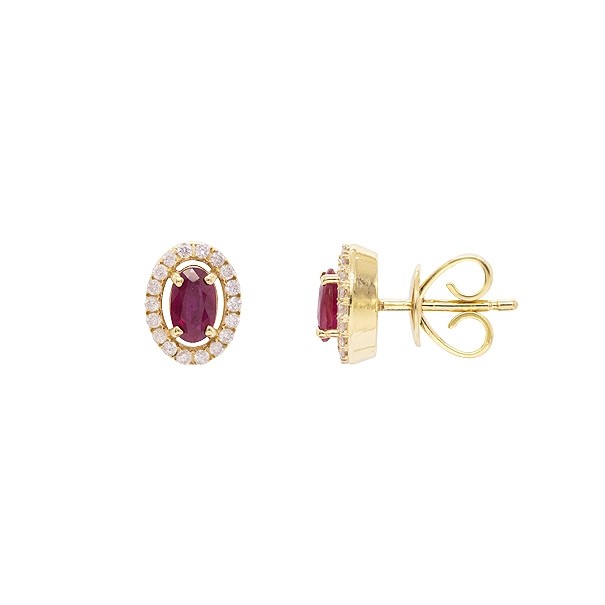 Brinco em Ouro 18k Chuveiro Oval com 2 Rubis 0.62Cts e 36 Diamantes 0.16Cts 