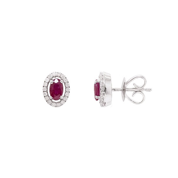 Brinco em Ouro Branco 18k Chuveiro Oval com 2 Rubis 0.62Cts e 36 Diamantes 0.16Cts 