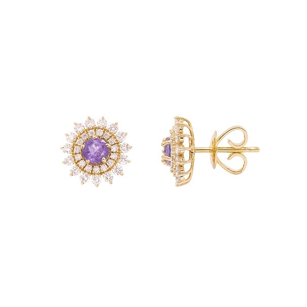 Brinco em Ouro 18k Chuveiro com 2 Safiras Roxas 4mm 0.64cts com 60 Diamantes 0.56cts