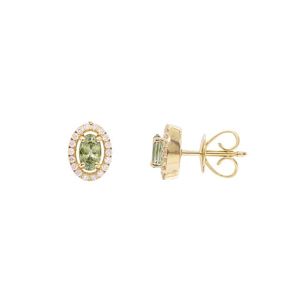 Brinco em Ouro 18k Chuveiro Oval com 2 Safiras Verdes 0.68Cts e 36 Diamantes 0.16Cts