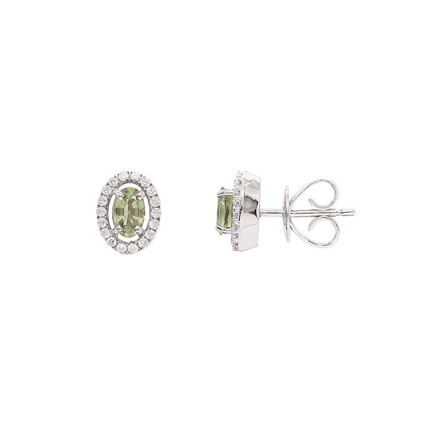 Brinco em Ouro Branco 18k Chuveiro Oval com 2 Safiras Verdes 0.68Cts e 36 Diamantes 0.16Cts  	