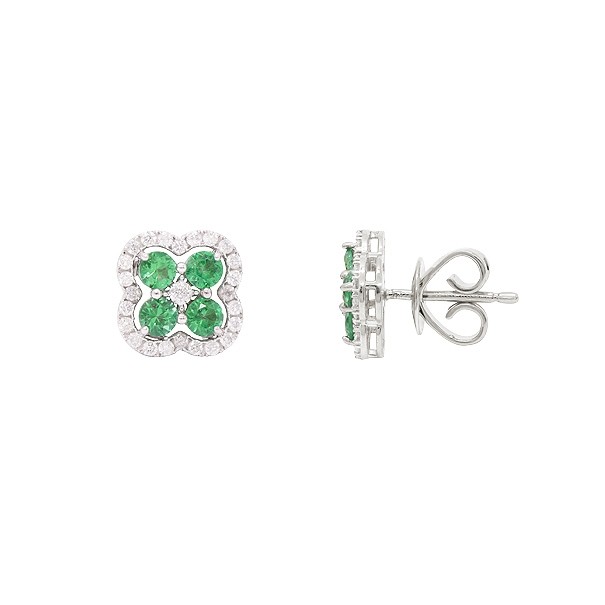 Brinco em Ouro Branco 18k Flor com 8 Esmeraldas 2.5mm 0.44Cts e 50 Diamantes 0.25Cts