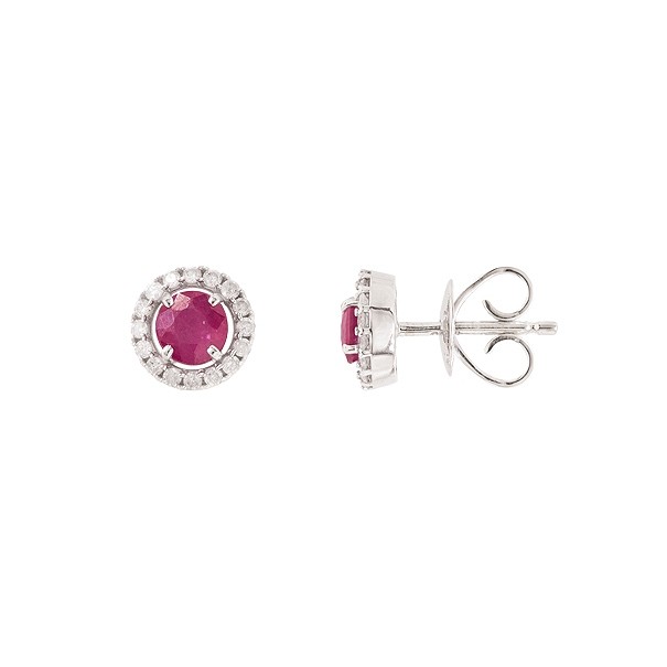 Brinco em Ouro Branco 18k Chuveiro Redondo com 2 Rubis 4mm 0.60Cts e 32 Diamantes 0.17Cts 
