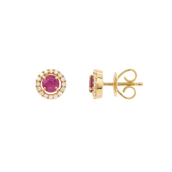 Brinco em Ouro 18k Chuveiro Redondo com 2 Rubis 4mm 0.62Cts e 32 Diamantes 0.17Cts