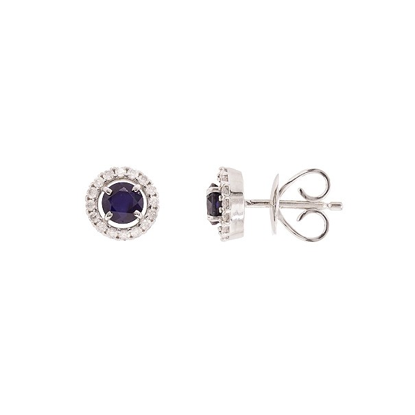 Brinco em Ouro Branco 18k Chuveiro Redondo com 2 Safiras 4mm 0.70Cts e 32 Diamantes 0.17Cts