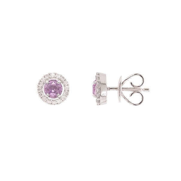 Brinco em Ouro Branco 18k Chuveiro Redondo com 2 Safiras Roxas 0.70Cts e 32 Diamantes 0.17Cts  	