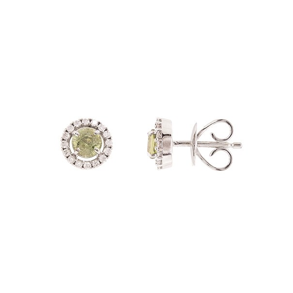 Brinco em Ouro Branco 18k Chuveiro Redondo com 2 Safiras Verdes 4mm 0.73Cts e 32 Diamantes 0.17Cts  	