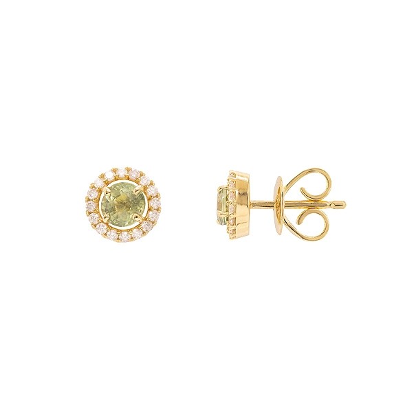 Brinco em Ouro 18k Chuveiro Redondo com 2 Safiras Verdes 4mm 0.73Cts e 32 Diamantes 0.17Cts 