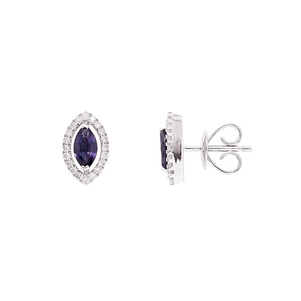 Brinco em Ouro Branco 18k Chuveiro Redondo com 2 Safiras 6x3mm 0.60Cts e 40 Diamantes 0.19Cts
