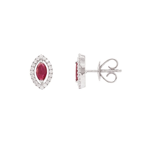 Brinco em Ouro Branco 18k Chuveiro Navete com 2 Rubis 6x3mm 0.62Cts e 40 Diamantes 0.19Cts