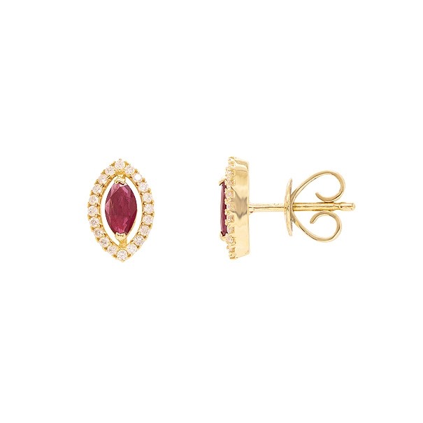 Brinco em Ouro 18k Chuveiro Navete com 2 Rubis 6x3mm 0.60Cts e 40 Diamantes 0.19Cts