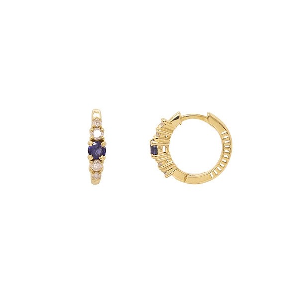 Brinco em Ouro 18k Argola Polida com 2 Safiras 3mm 0.28cts com 8 Diamantes 0.18cts