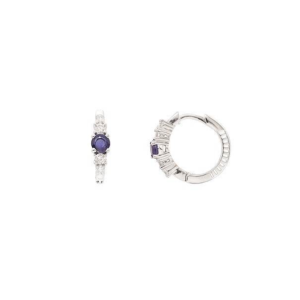 Brinco em Ouro 18k Branco Argola Polida com 2 Safiras 3mm 0.28cts com 8 Diamantes 0.18cts