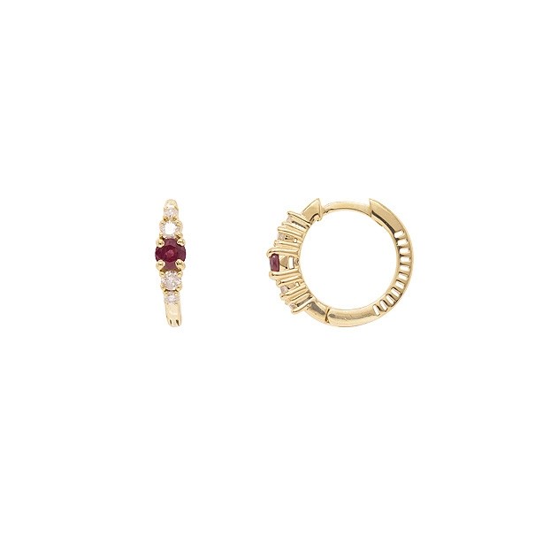 Brinco em Ouro 18k Argola Polida com 2 Rubis 3mm 0.28Cts e 8 Diamantes 0.17Cts 