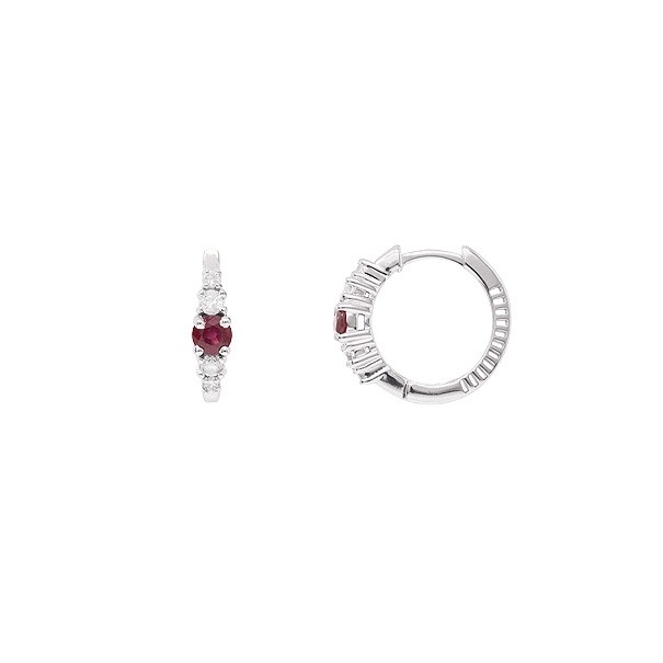 Brinco em Ouro 18k Branco Argola Polida com 2 Rubis 3mm 0.28cts com 8 Diamantes 0.17cts