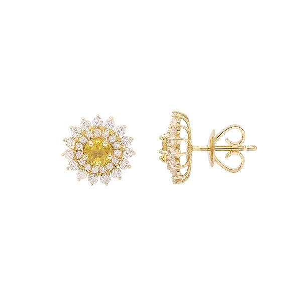 Brinco em Ouro 18k Chuveiro com 2 Safiras Amarelas 4mm 0.68cts com 60 Diamantes 0.58cts