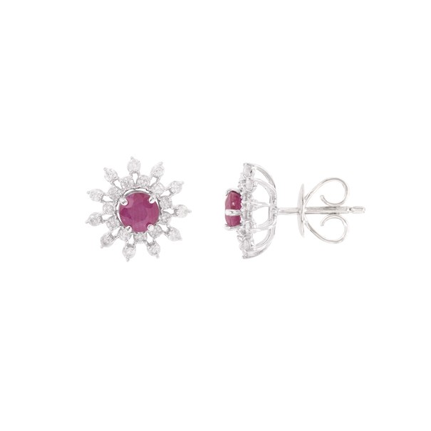 Brinco em Ouro 18k Branco Chuveiro Flor com 2 Rubis 4mm 0.70cts com 44 Diamantes 0.41cts