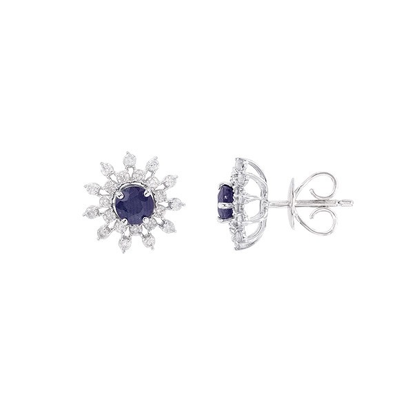 Brinco em Ouro 18k Branco Chuveiro Flor com 2 Safiras 4mm 0.72cts com 44 Diamantes 0.41cts
