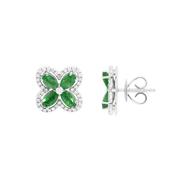 Brinco em Ouro Branco 18k Flor com 8 Esmeraldas 5x3mm 1.80Cts Cravejada com  82 Diamantes 0.24Cts 