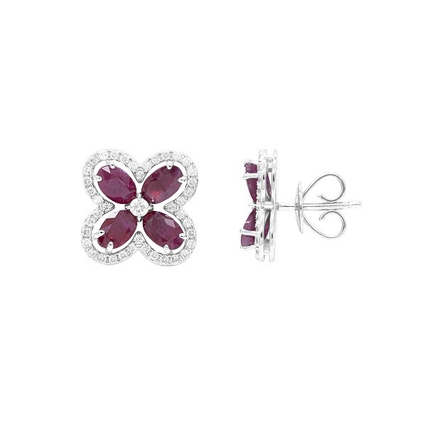 Brinco em Ouro Branco 18k Flor com 8 Rubis 5x3mm 2.34Cts Cravejada com 82 Diamantes 0.43Cts