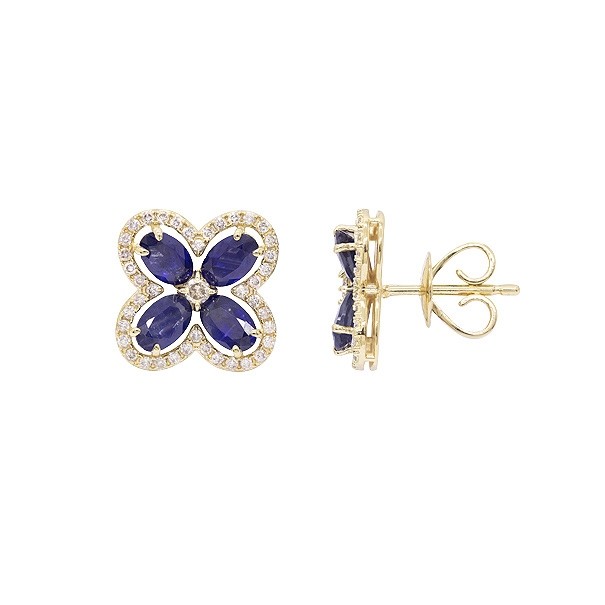Brinco em Ouro 18k Flor com 8 Safiras 5x3mm 2.51Cts Cravejada com 82 Diamantes 0.43Cts