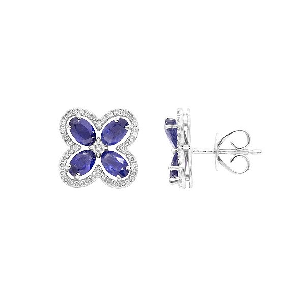 Brinco em Ouro Branco 18k Flor Com 8 Safiras 5x3mm 2.51Cts Cravejada com 82 Diamantes  0.43Cts