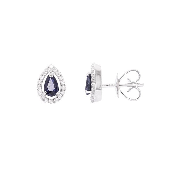 Brinco em Ouro Branco 18k Gota com 2 Safiras 5x3mm 0.54Cts e 36 Diamantes 0.15Cts   
