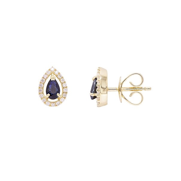 Brinco em Ouro 18k Gota com 2 Safiras 5x3mm 0.54Cts e 36 Diamantes 0.15Cts
