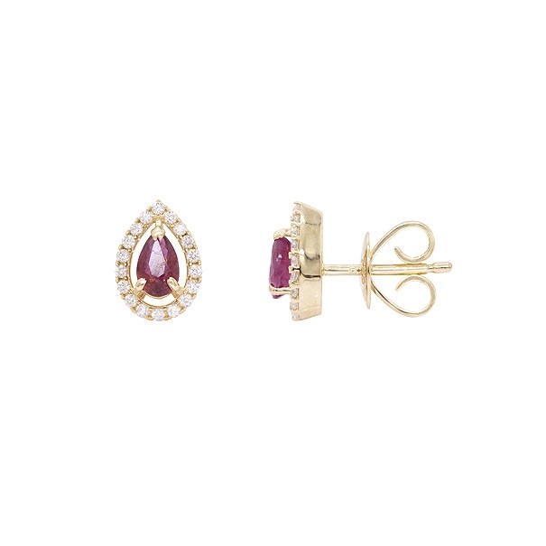 Brinco em Ouro 18k Gota com 2 Rubis 5x3mm 0.46Cts e 36 Diamantes 0.15Cts