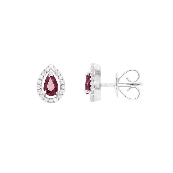 Brinco em Ouro 18k Branco Gota com 2 Rubis 5x3mm 0.54 Cts com 36 Diamantes 0.15cts