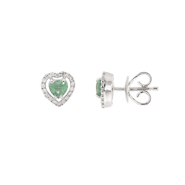 Brinco em Ouro 18k Branco Coração com 2 Esmeraldas 4mm 0.44cts com 36 Diamantes 0.16cts