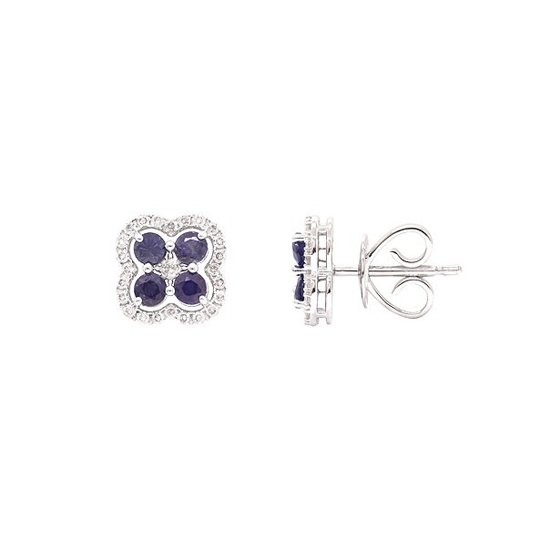 Brinco em Ouro 18k Branco Flor com 50 Diamantes 0.23cts com 8 Safiras 2.5mm 0.62cts