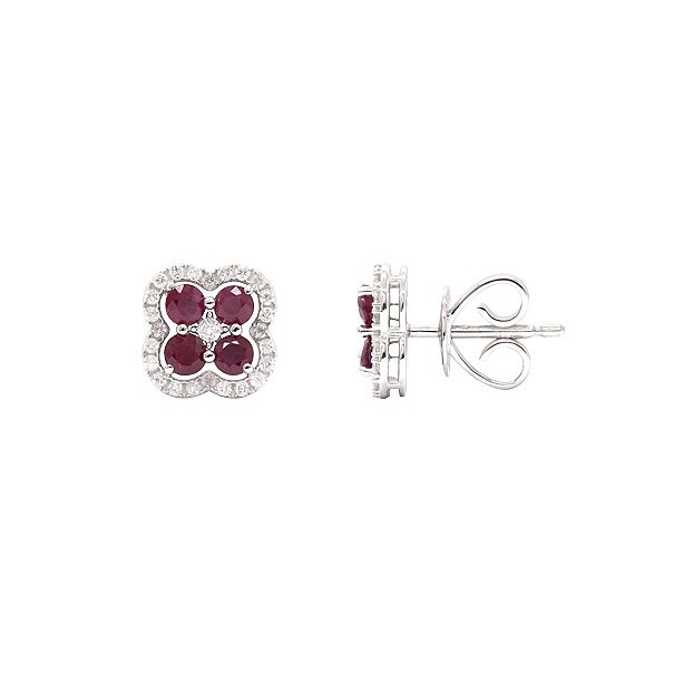 Brinco em Ouro 18k Branco Flor com 50 Diamantes 0.25cts com 8 Rubis 2.5mm 0.68cts