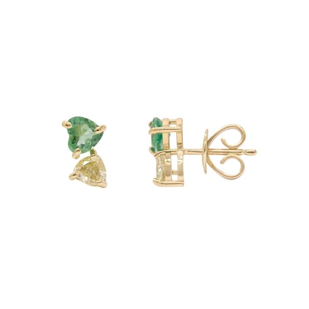 Brinco em Ouro 18k Solitário Duplo com 2 Esmeraldas 0.60cts com 2 Fancy Yellow 0.33cts