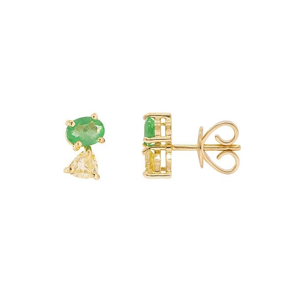 Brinco em Ouro 18k Solitário Duplo com 2 Esmeraldas 0.61cts com 2 Fancy Yellow 0.41cts
