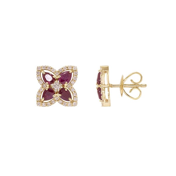 Brinco em Ouro 18k Flor com 8 Rubis 4x3m 1.30cts com 66 Diamantes 0.35ct
