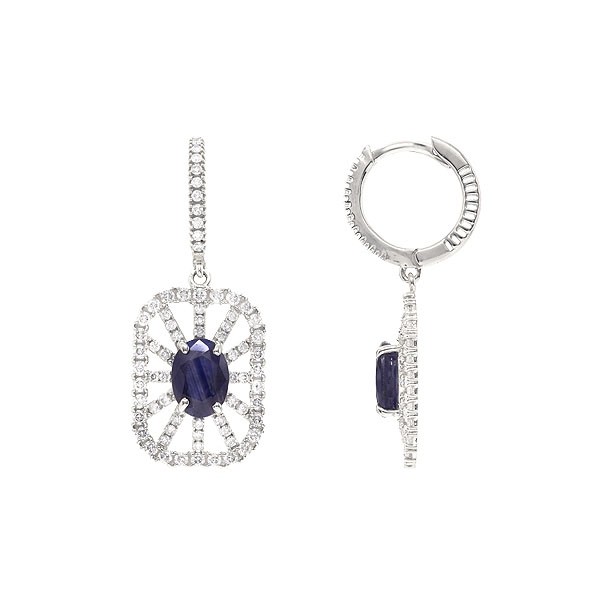 Brinco em Ouro 18k Branco Argola com Pingente Chuveiro Retangular com 2 Safiras 2.05cts com 140 Diamantes 0.91cts