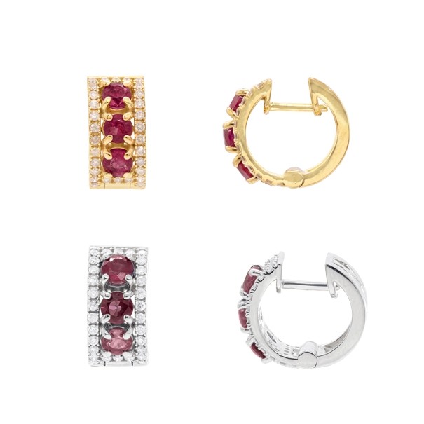 Brinco em Ouro  18k Argola Cravejada com 60 Diamantes e 6 Rubis 