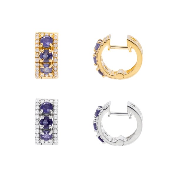 Brinco em Ouro 18k Argola Cravejada com 60 Diamantes e 6 Safiras