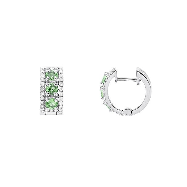 Brinco em Ouro Branco 18k Argola com 60 Diamantes 0.29Cts e 6 Esmeraldas 0.55Cts 