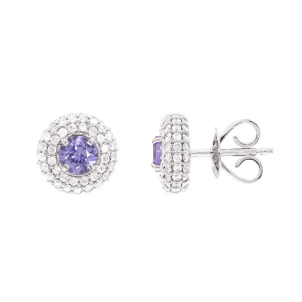 Brinco em Ouro Branco 18k Chuveiro Redondo com 162 Diamantes 0.76Cts e 2 Tanzanitas 4mm 0.59Cts  