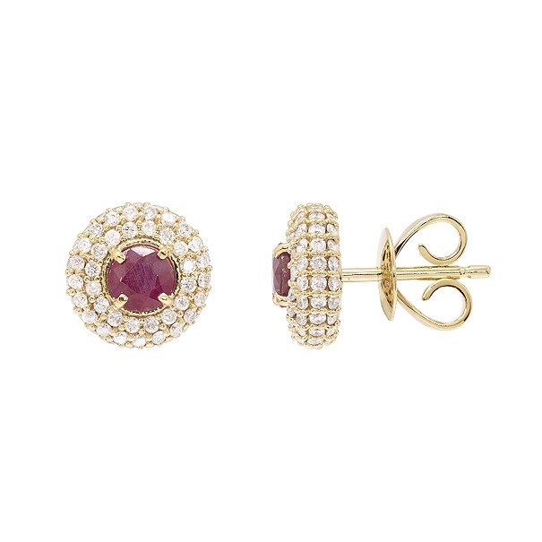 Brinco em Ouro 18k Chuveiro Redondo com 162 Diamantes e 2 Rubis 4mm                             
